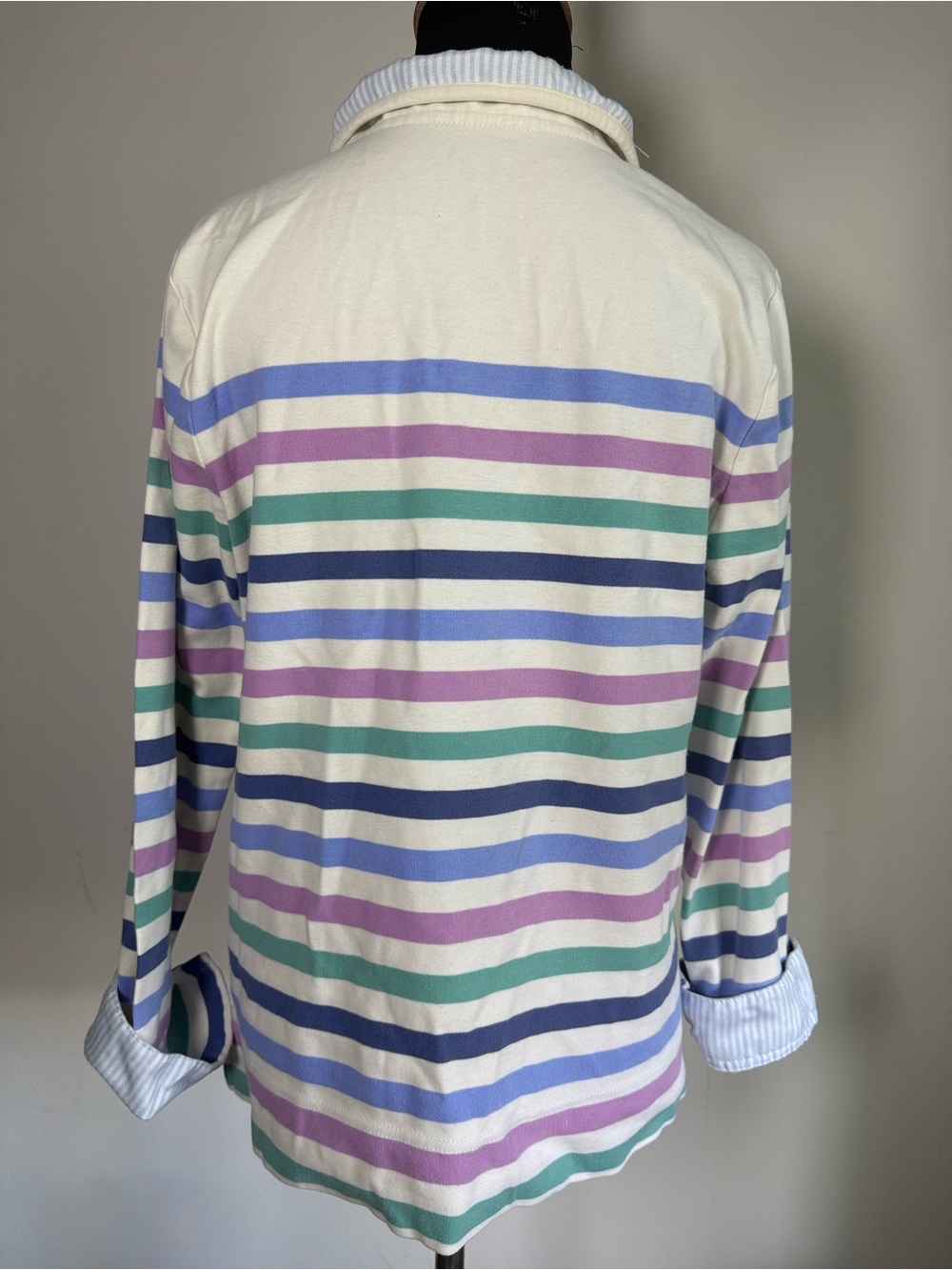Vintage Pastel Stripe Polo Top Coastal Preppy Golf Long Sleeve M - Picture 5 of 8